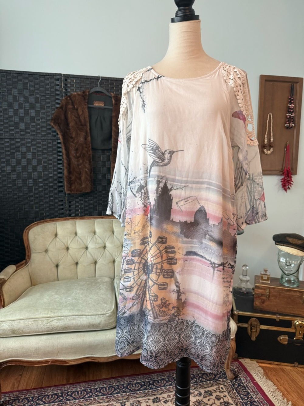 🐦 NWT Cream Addie Dress Chalk Print Lace Shoulder Sheer Boho Tunic EU 36